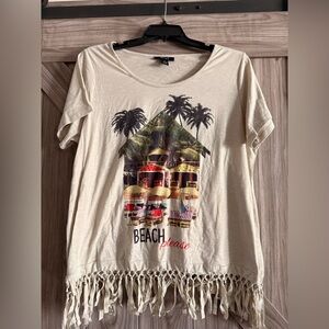 Style & Co. Cream Beach Graphic Fringe Hem Top